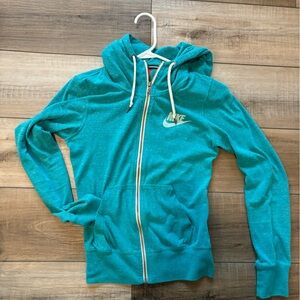 Nike blue turquoise sweatshirt athletic jacket hoodie women’s size small fitted